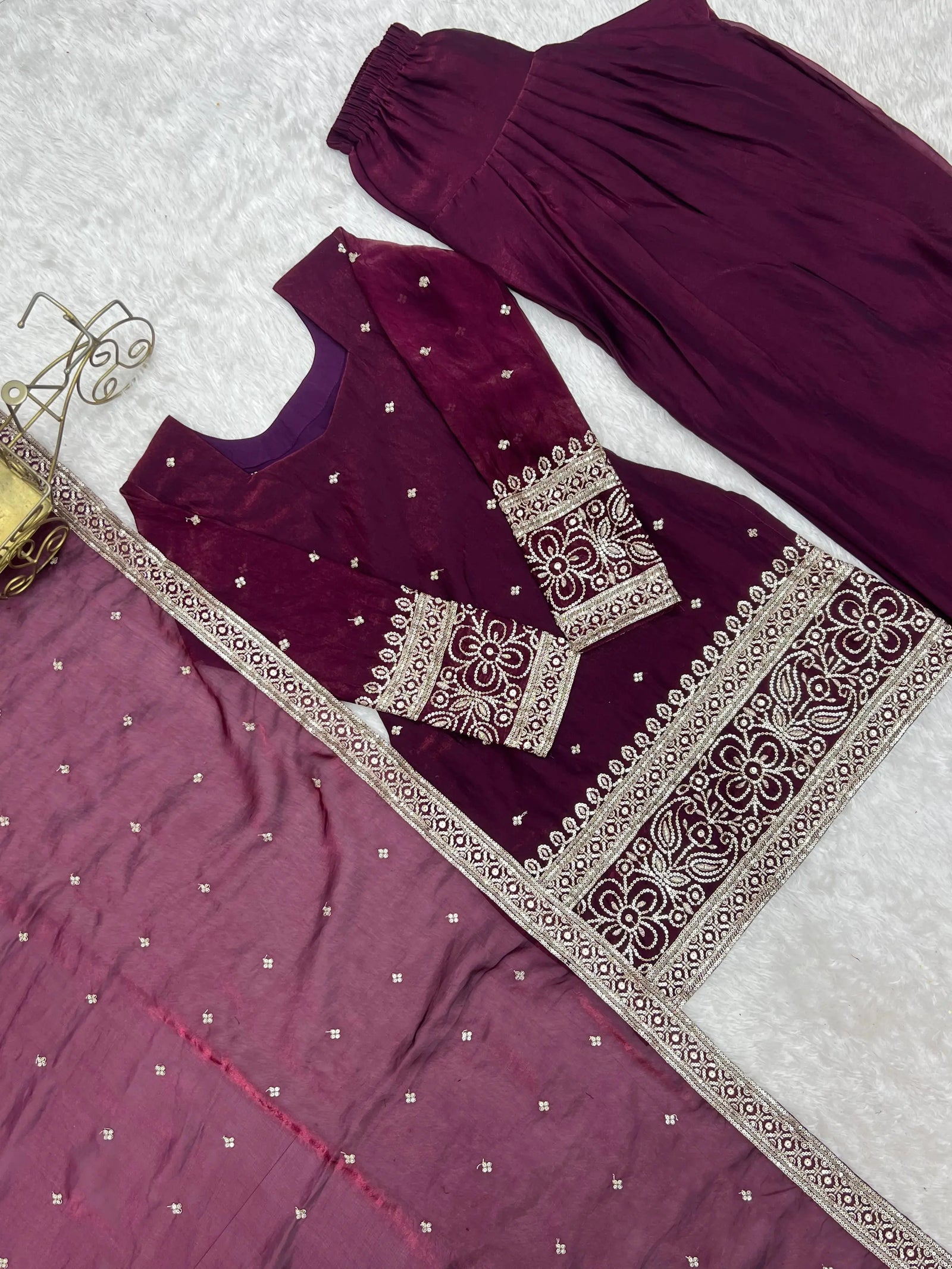 Wine Sequins Embroidered Suit Set Flat Lay – Suit Shalwar and Dupatta