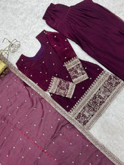 Wine Sequins Embroidered Suit Set Flat Lay – Suit Shalwar and Dupatta