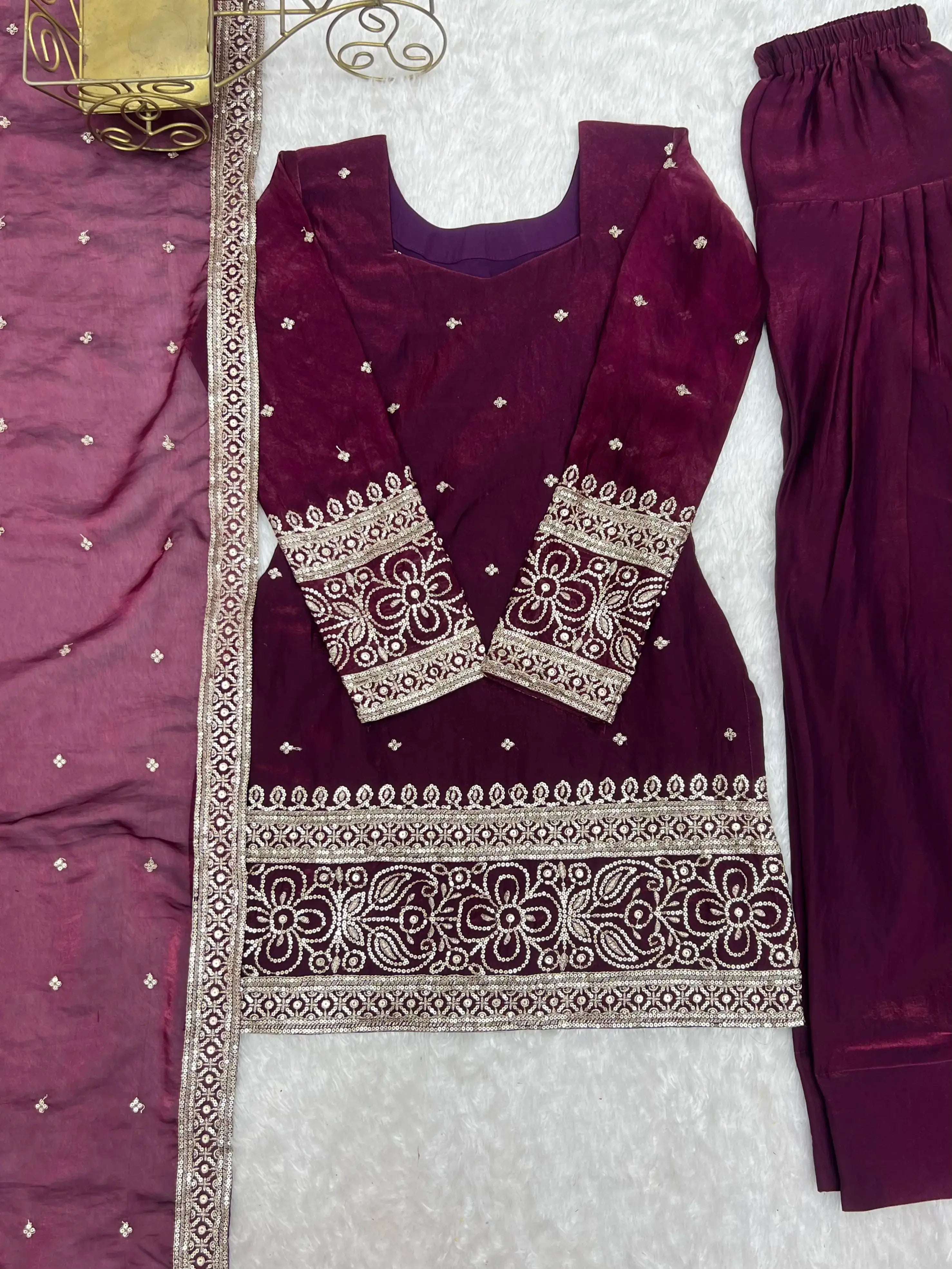 Wine Fendy Silk Blend Suit Flat Lay – Full Kurta Front with Embroidery