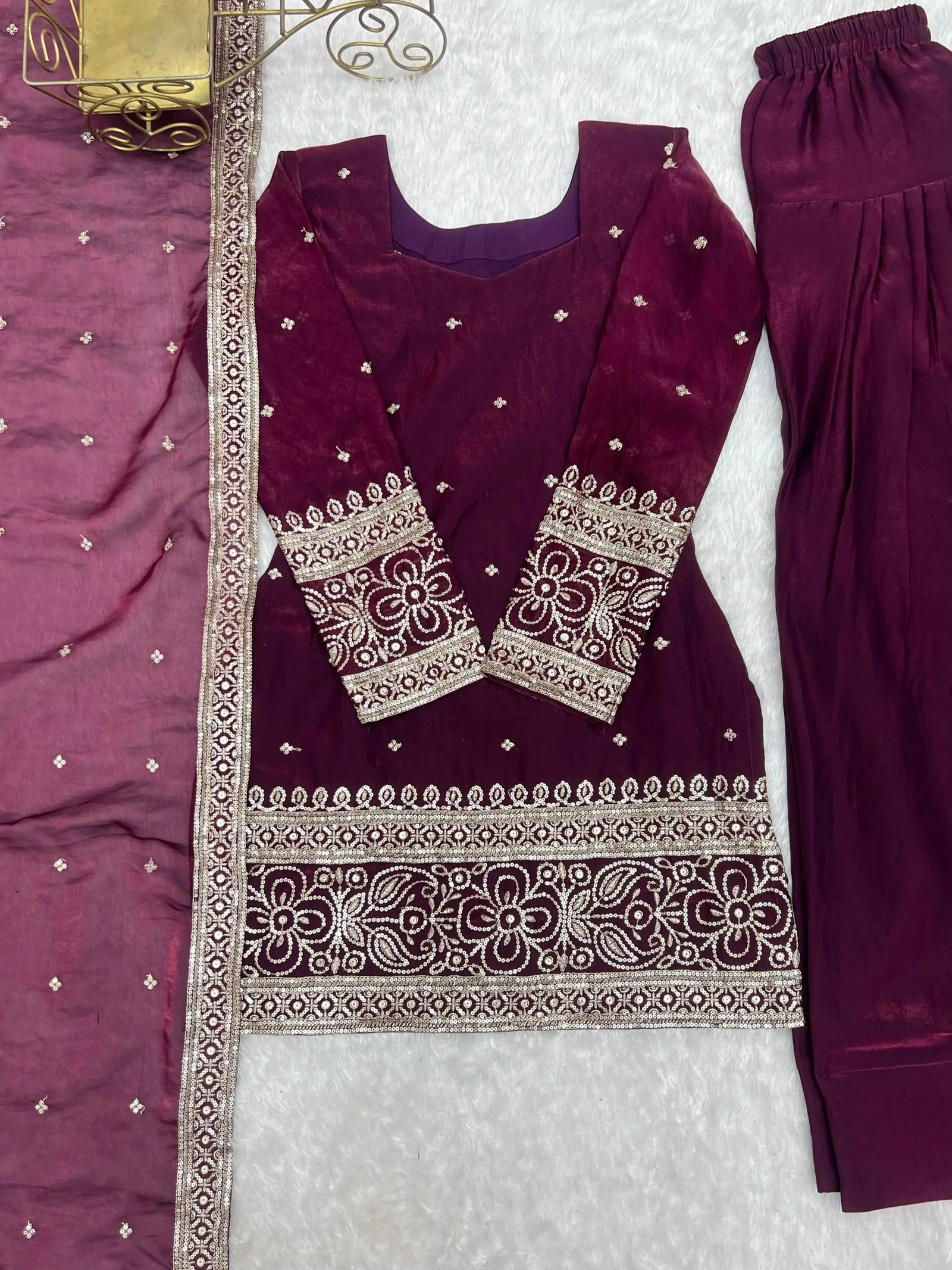 Wine Fendy Silk Blend Suit Flat Lay – Full Kurta Front with Embroidery
