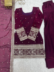 Wine Fendy Silk Blend Suit Flat Lay – Full Kurta Front with Embroidery