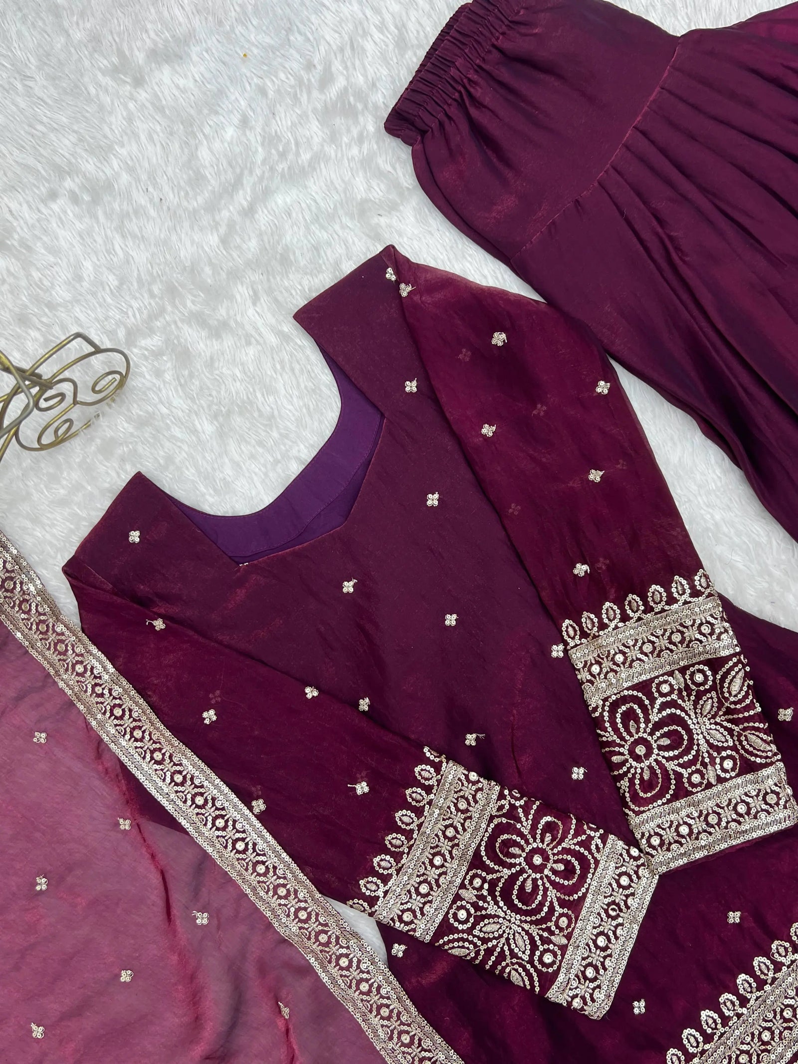 Wine Sequins Embroidered Suit – Flat Lay Showing Kurta and Cuff Detail