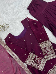 Wine Sequins Embroidered Suit – Flat Lay Showing Kurta and Cuff Detail
