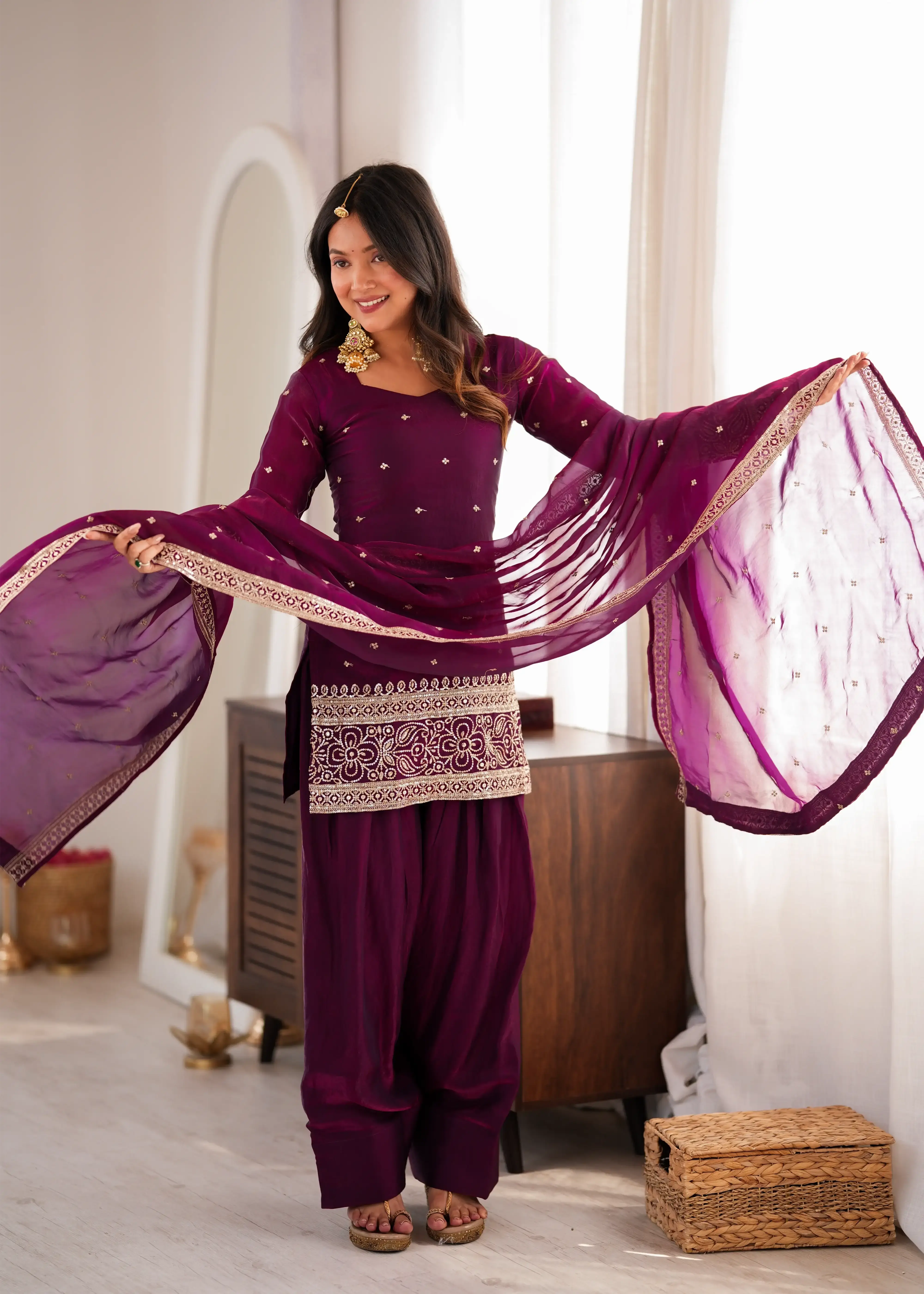 Wine Suit with Shalwar and Dupatta Spread Wide – Full Length Front View