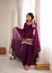 Wine Sequins Embroidered Shalwar Suit – Dupatta Flying Front View