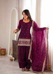 Wine Fendy Silk Blend Suit with Zari Border Dupatta – Front View