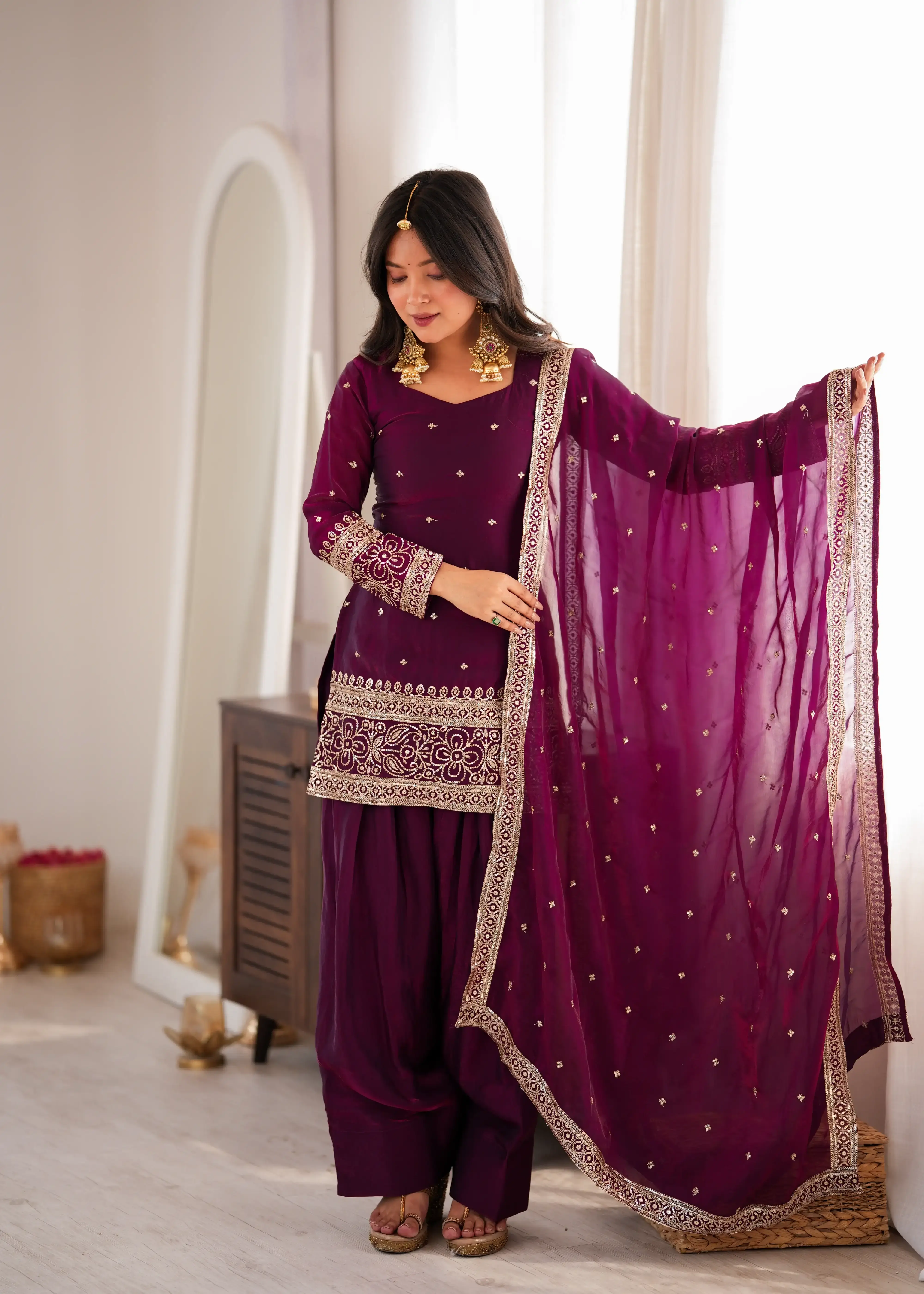 Wine Sequins Zari Work Suit – Front Model View with Dupatta