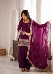 Wine Sequins Zari Work Suit – Front Model View with Dupatta