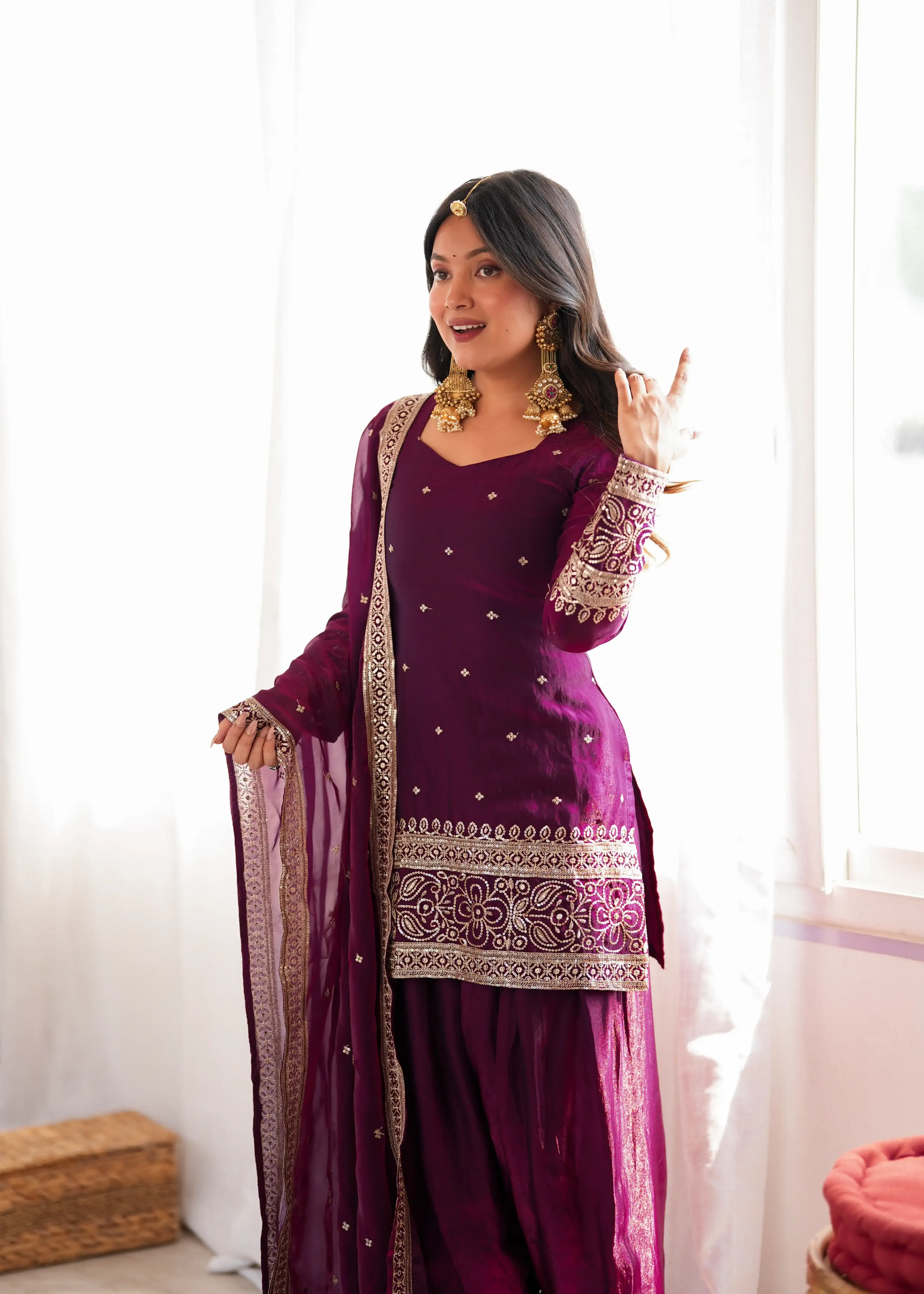 Wine Shalwar Suit with Dupatta – Window Background Standing View