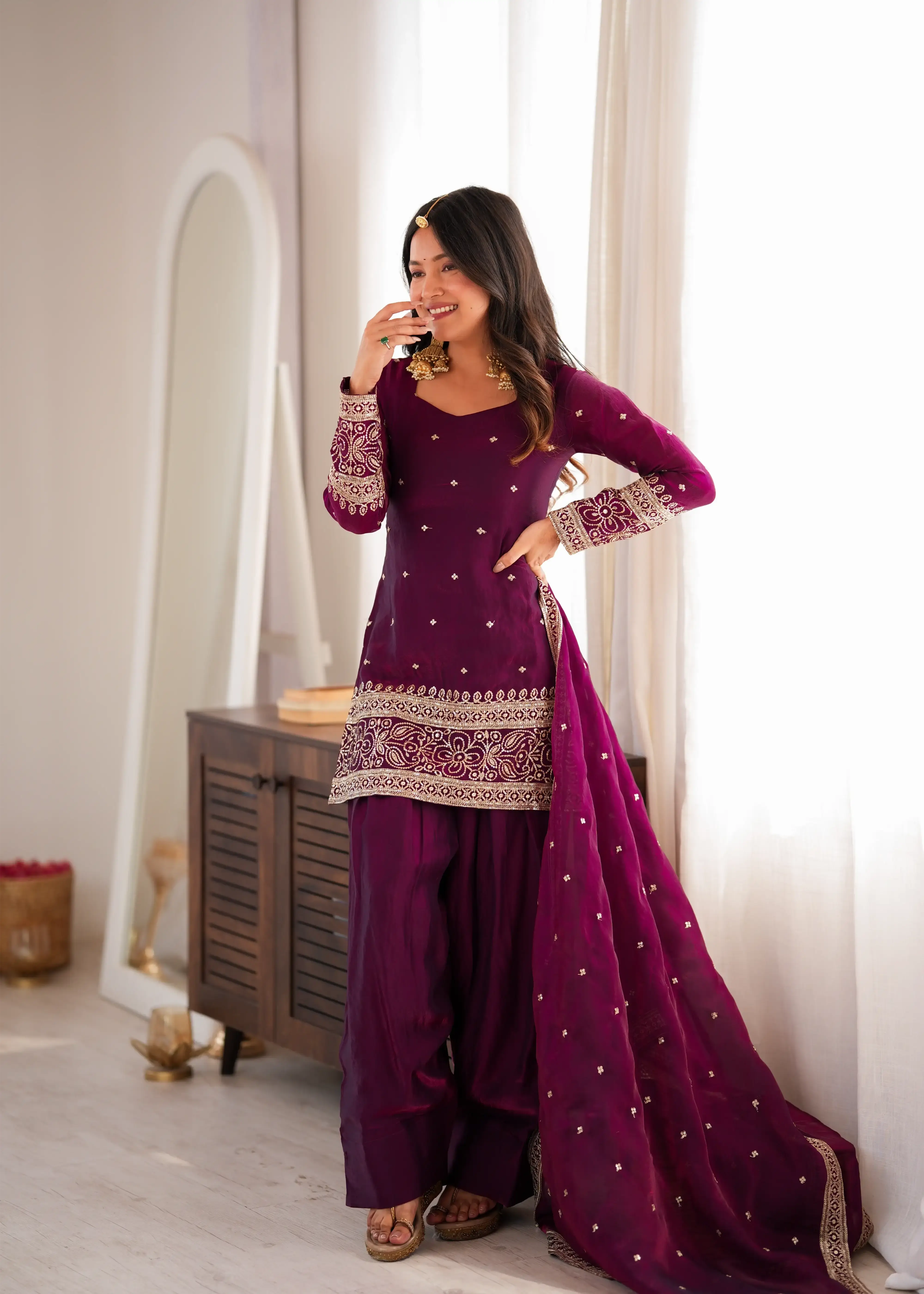 Wine Sequins Embroidered Suit in Fendy Silk Blend – Front Model View