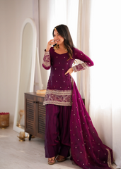 Wine Sequins Embroidered Suit in Fendy Silk Blend – Front Model View