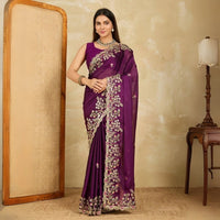 Wine Embroidery Sequins Work Rangoli Silk Saree