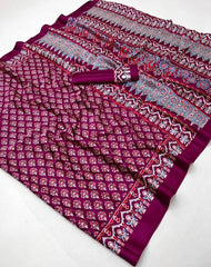 Purple patterned fabric with a white background