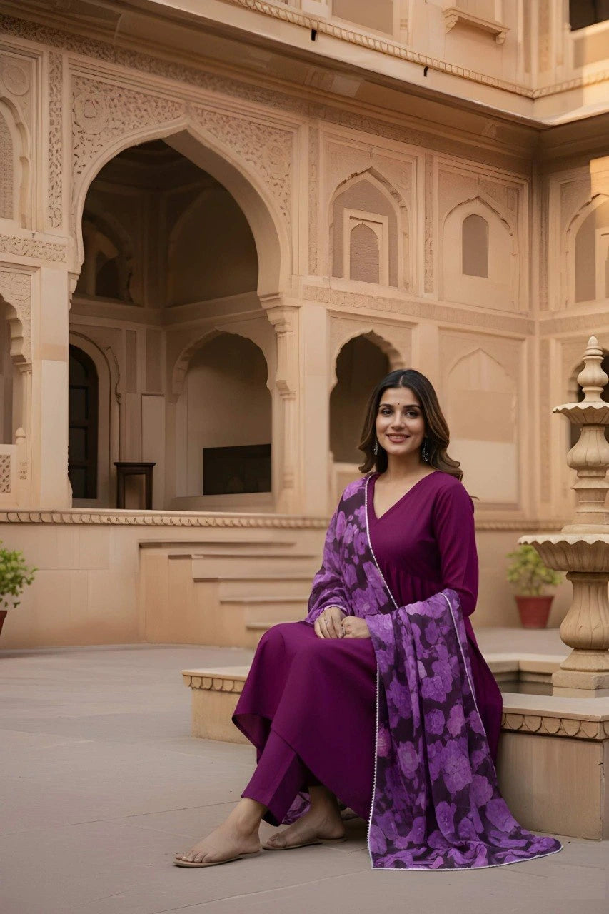 Woman in a purple dress sitting in an ornate courtyard.