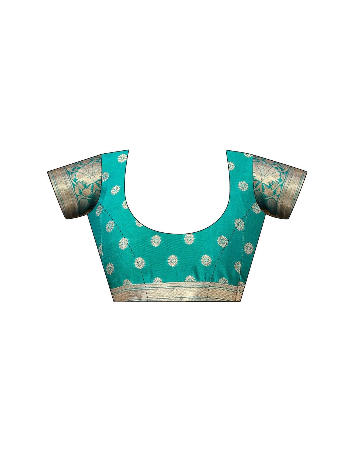 Teal blouse with gold patterns on a white background