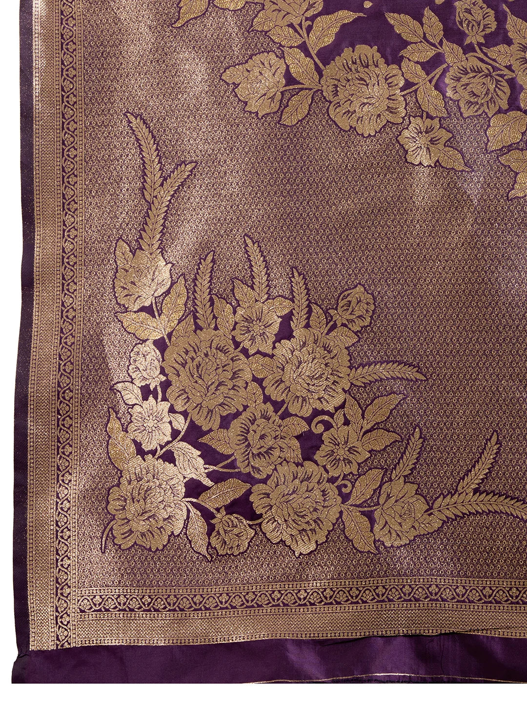 Embroidered fabric with floral patterns on a purple and gold background