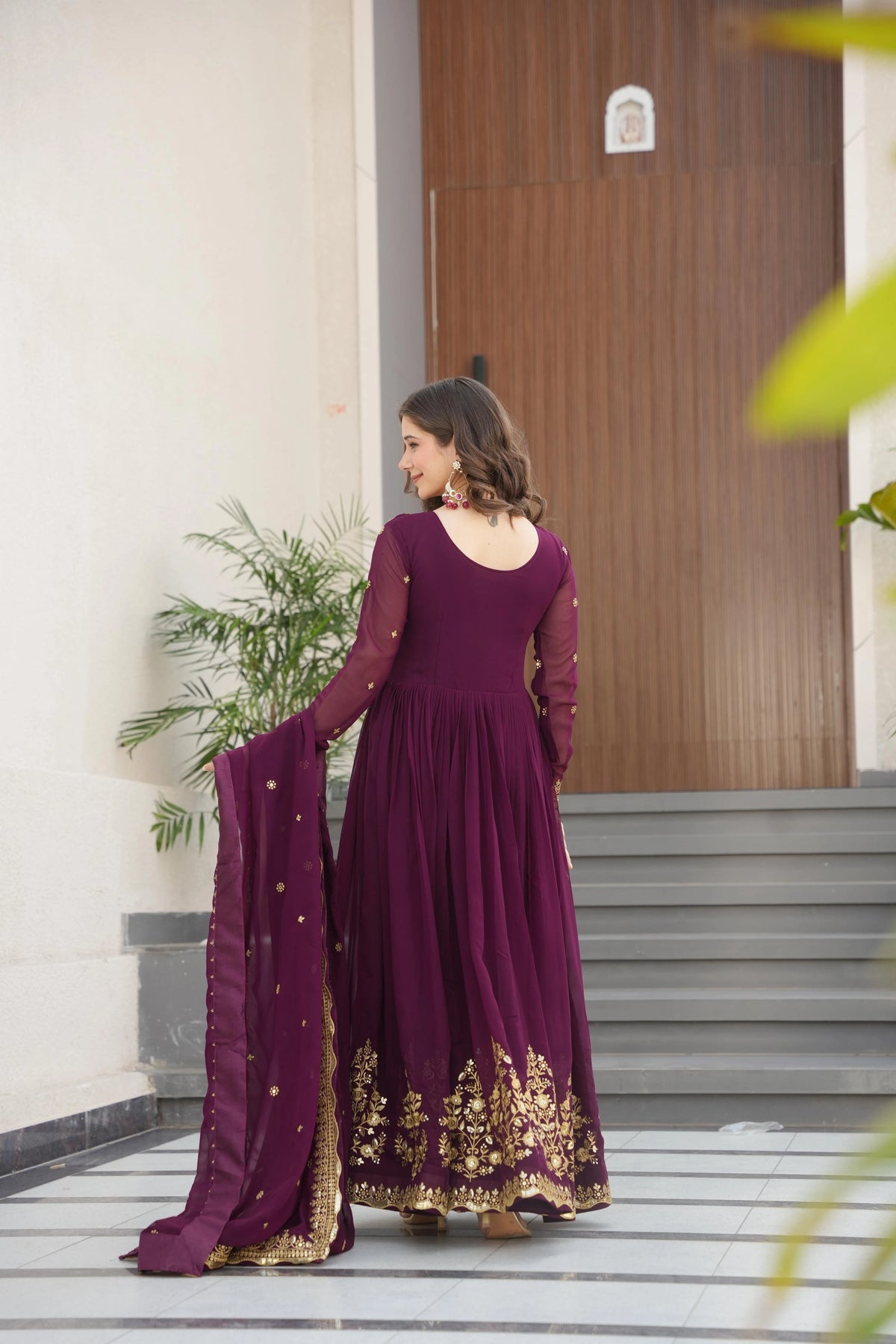 Wine Faux Georgette Suit