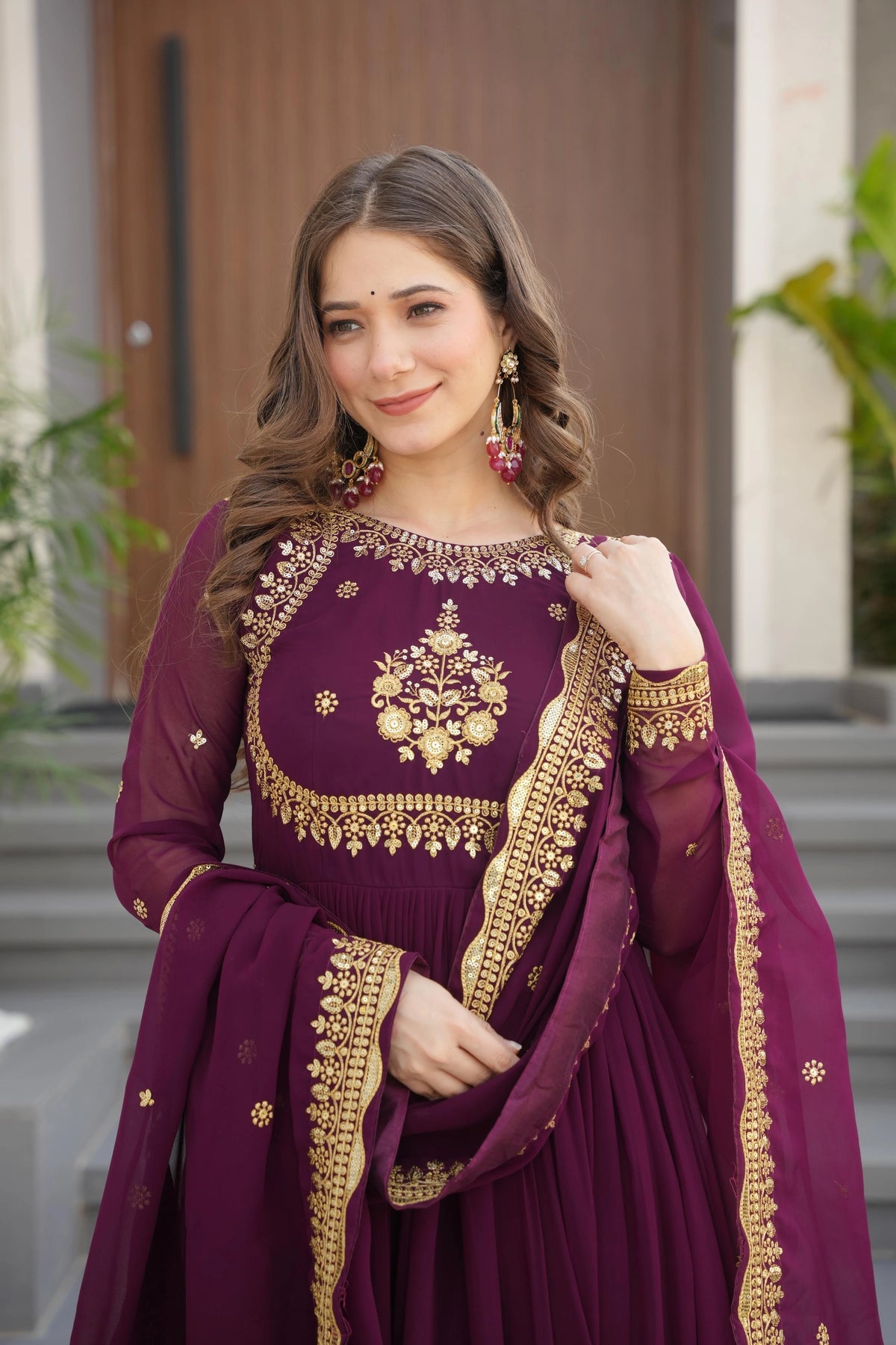 Wine Faux Georgette Suit