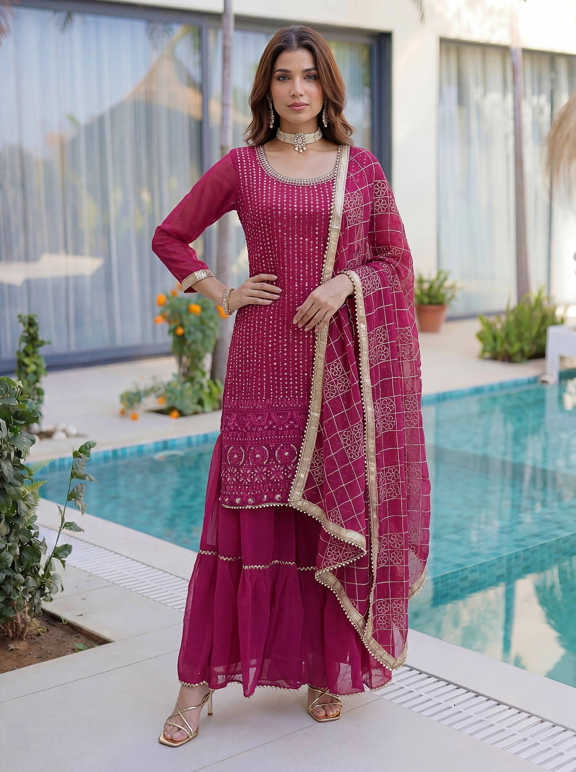 Woman in a pink traditional outfit standing by a pool