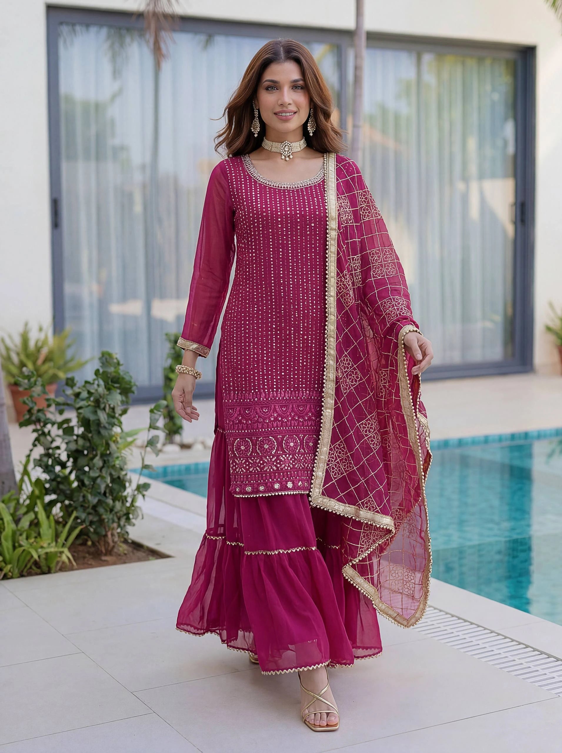 Woman in a pink traditional outfit standing by a poolside.