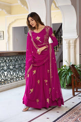 Designer wine suit crafted in faux georgette with sequins and thread detailing