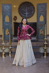 Wine Sequins with Zari Embroidered Mirror Lace Work Cosmos Silk Lehenga
