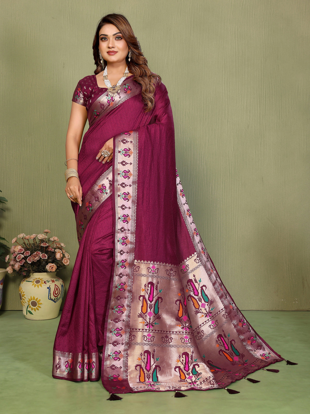 Woman wearing a purple saree with intricate patterns on a green background