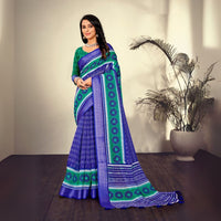 Navy Blue Traditional Printed Pattern Cotton Saree