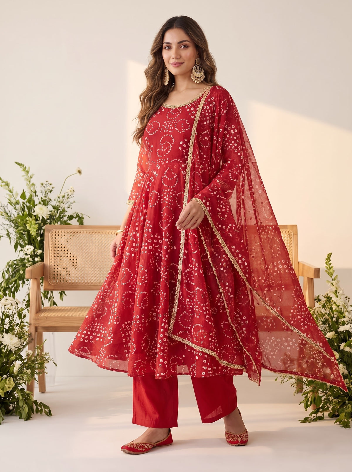 Maroon Bandhani Print Suit – Straight Pant, Full Sleeve