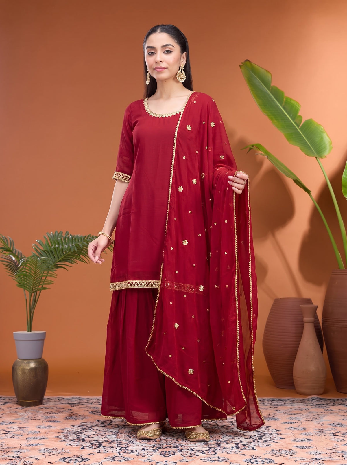Dark Maroon Faux Georgette Suit