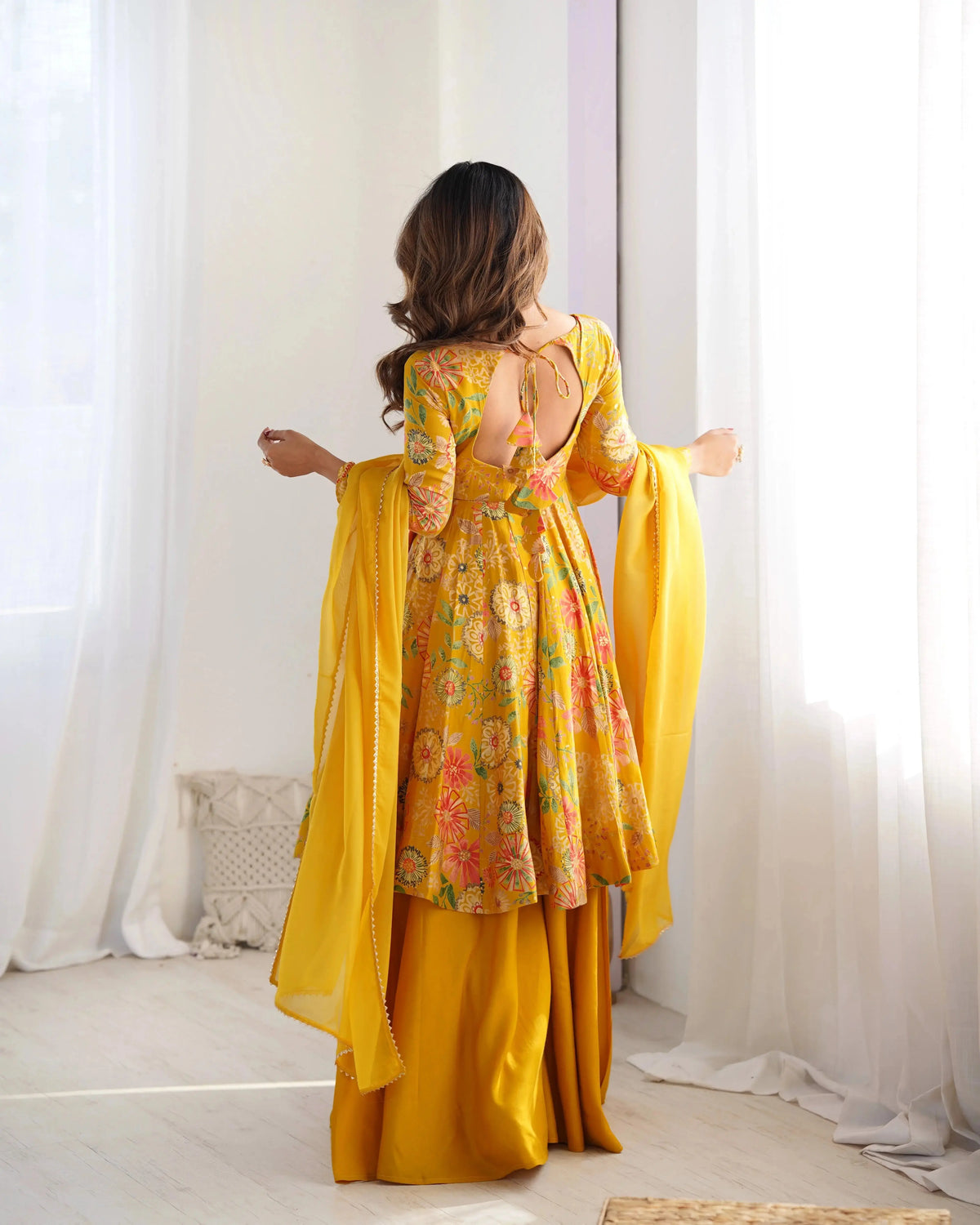 Yellow Discharge Print Suit back view showing keyhole tie-up