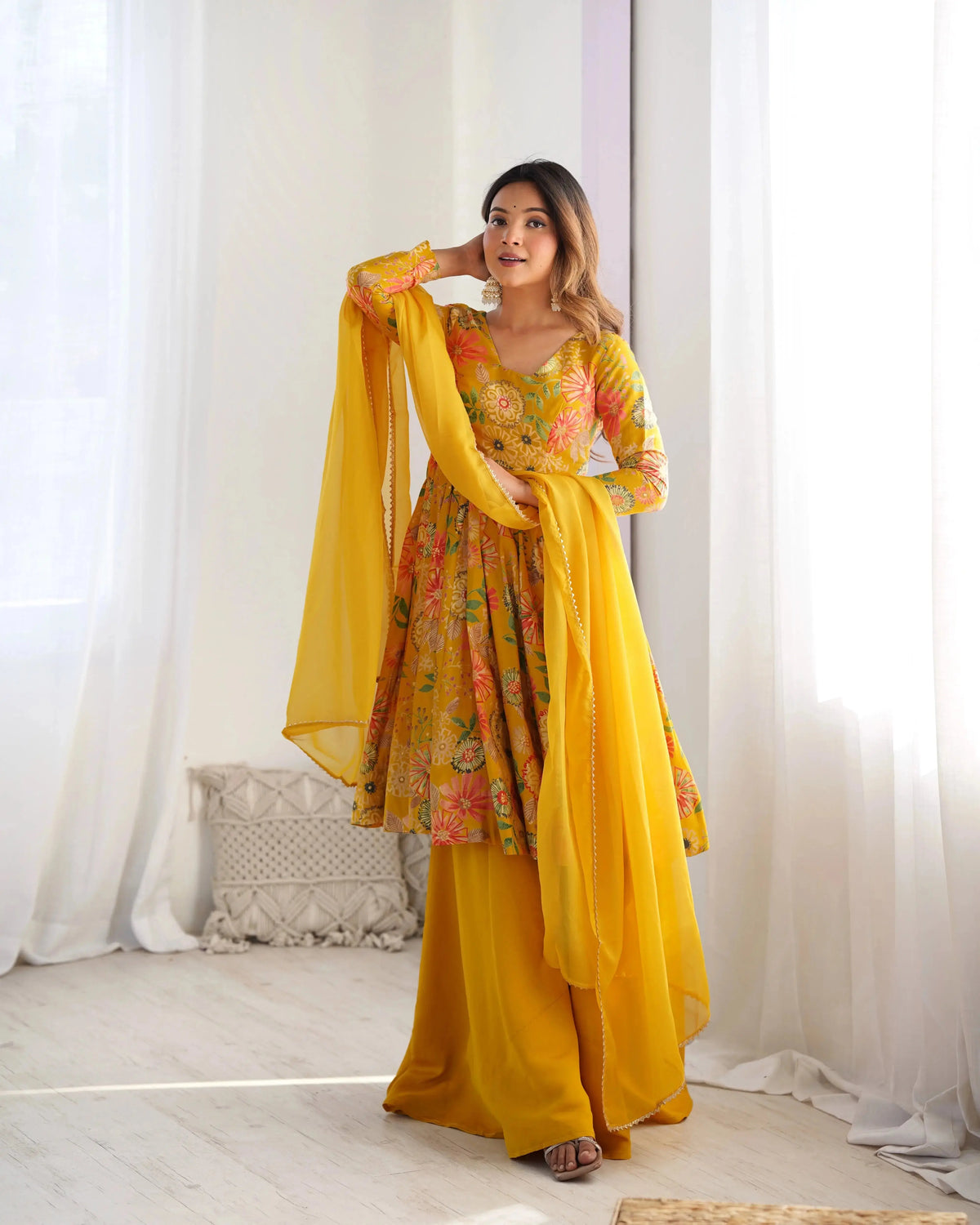 Close-up of Yellow Discharge Print Suit floral print and neckline