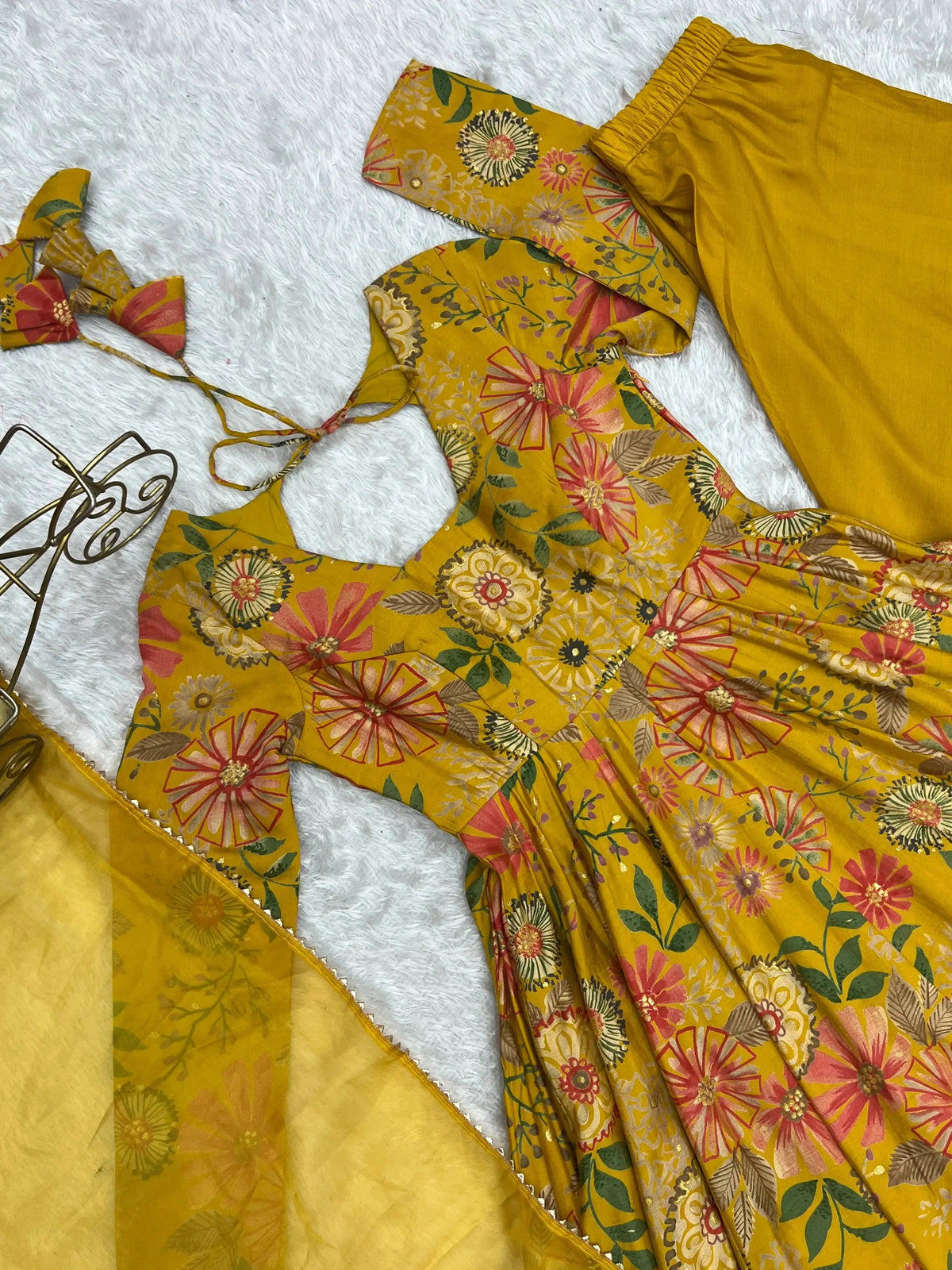 Yellow Discharge Print Suit flat lay showing print detail