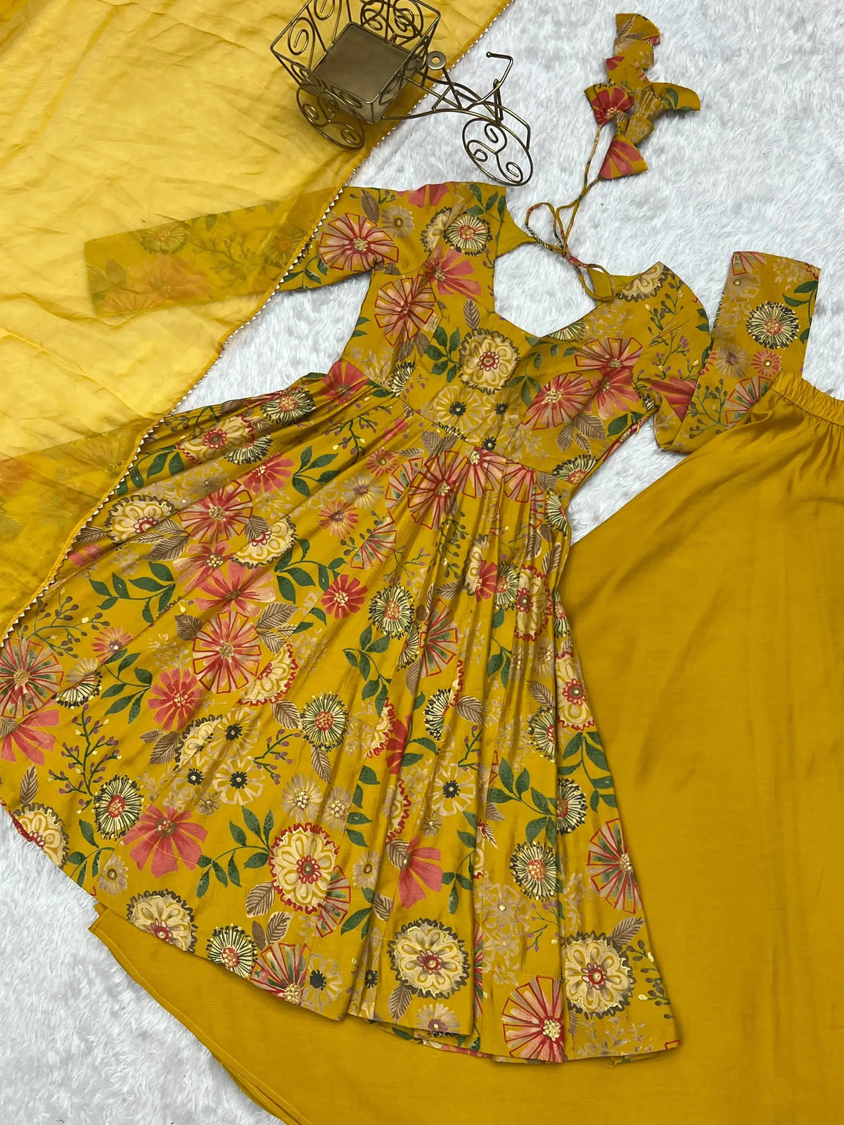 Yellow Discharge Print Suit flat lay, full set overview