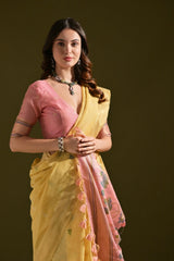 Yellow Resham Weaving Saree contrast pink blouse and pallu closeup