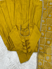 Flat lay of Yellow Sequins Embroidered Anarkali Suit showing ruffle back detail and pant