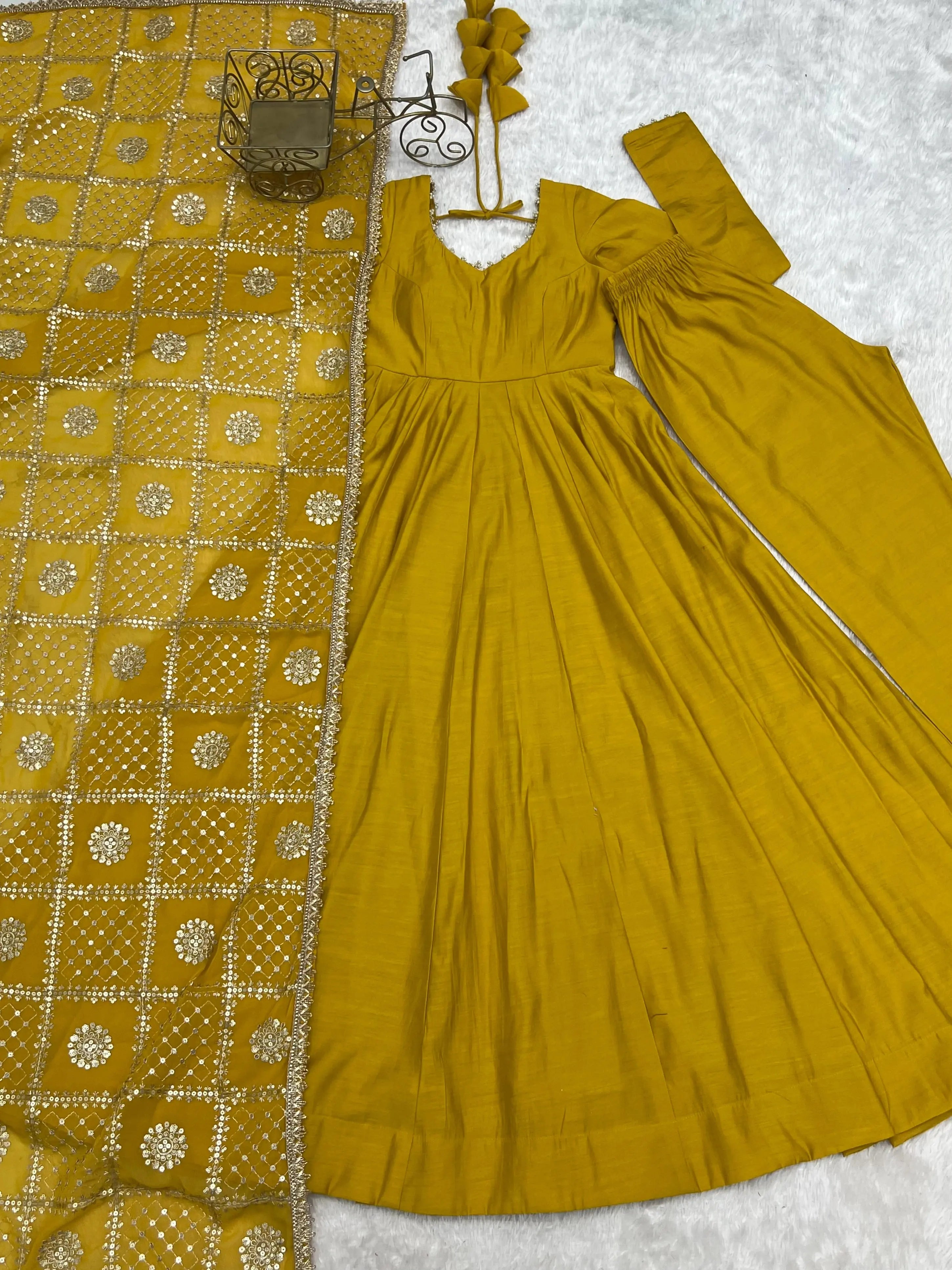 Full flat lay of Yellow Sequins Embroidered Anarkali Suit showing complete set from above