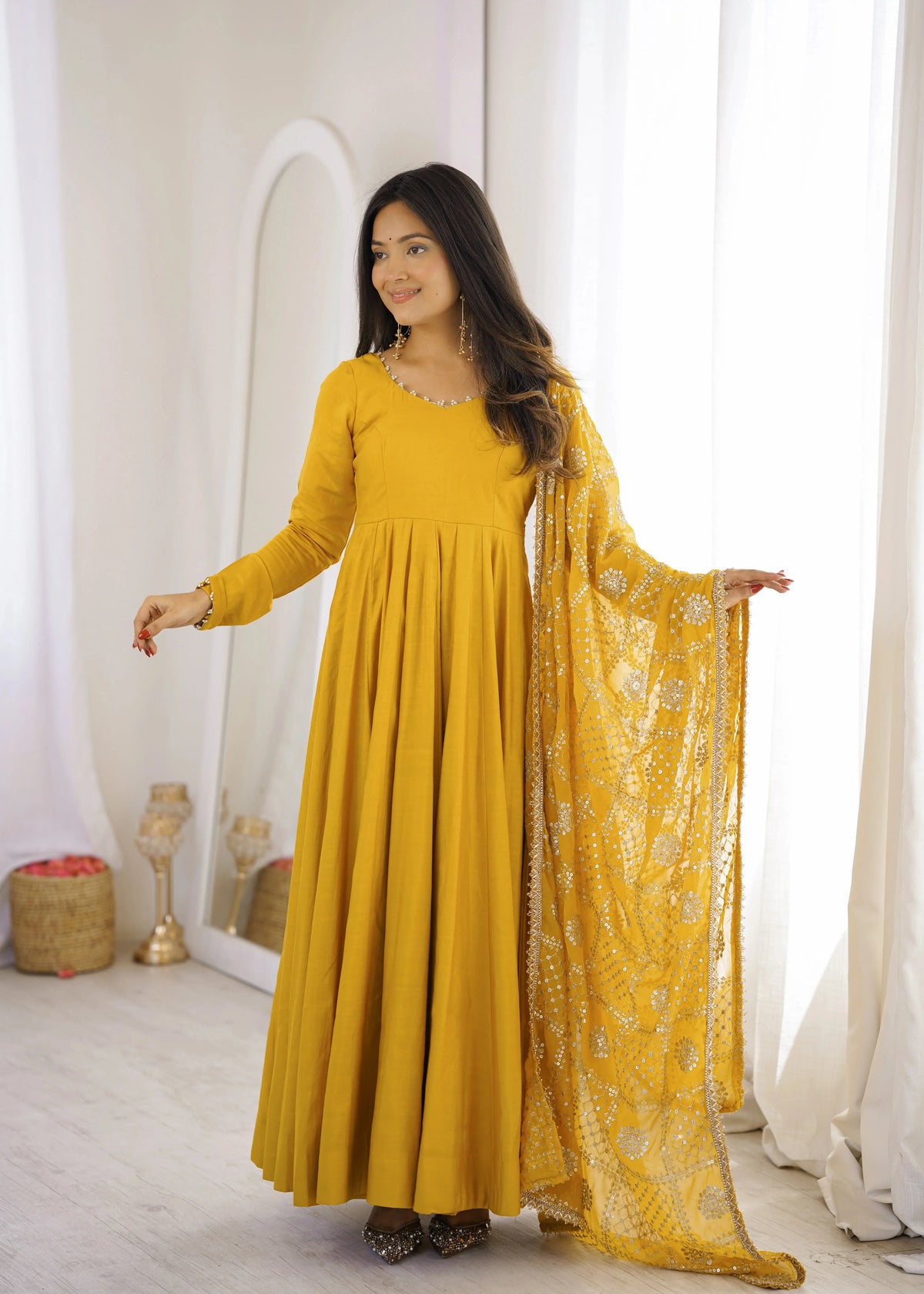 Yellow Sequins Embroidered Anarkali Suit full length front view with embroidered dupatta