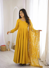 Yellow Sequins Embroidered Anarkali Suit full length front view with embroidered dupatta