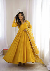 Yellow Sequins Embroidered Anarkali Suit full length with dupatta draped on shoulder