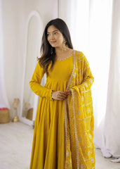 Yellow Sequins Embroidered Anarkali Suit front view with dupatta over shoulder