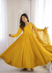 Yellow Sequins Embroidered Anarkali Suit showing full Anarkali flare while twirling