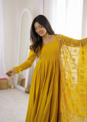 Upper body close-up of Yellow Sequins Embroidered Anarkali Suit with dupatta
