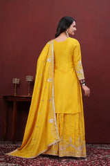 Yellow Sharara Suit Back View – Plain Back with Embroidered Sharara Border
