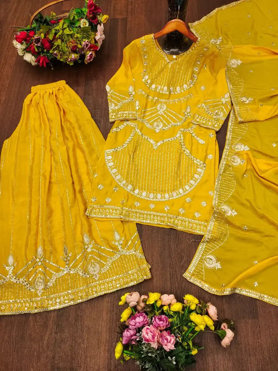 Yellow Sequins Embroidered Sharara Suit Flat Lay – Full Set with Kurta, Sharara and Dupatta