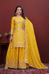 Yellow Sequins Embroidered Sharara Suit – Full Front View with Chinon Fabric and Embroidered Sharara