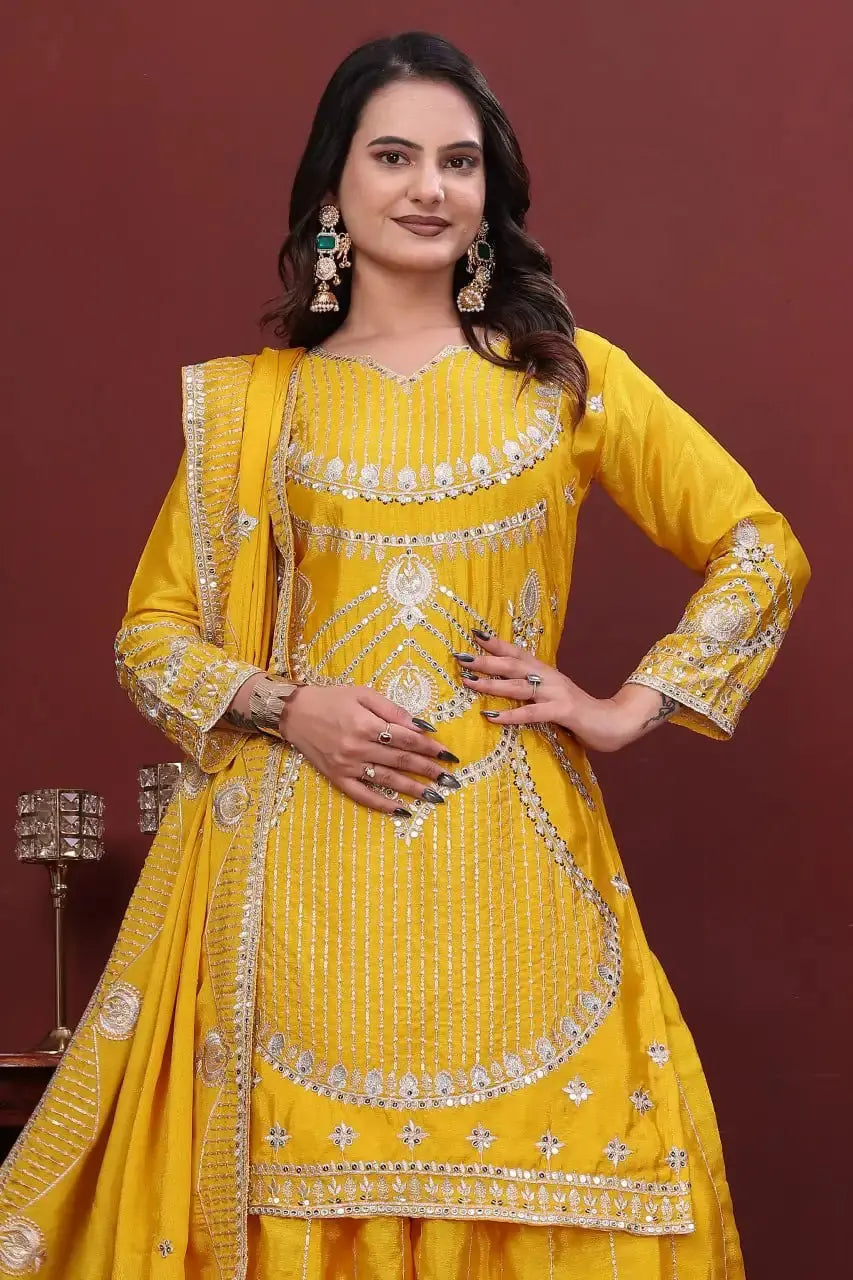 Yellow Sharara Suit Portrait – Dense Sequins Embroidered Yoke with Arch Design Close-Up
