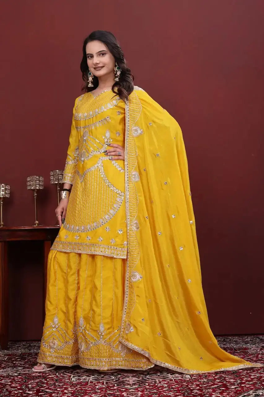 Yellow Sharara Suit with Dupatta Spread – Heavy Sequins Embroidery Kurta and Sharara Set