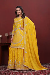 Yellow Sharara Suit with Dupatta Spread – Heavy Sequins Embroidery Kurta and Sharara Set