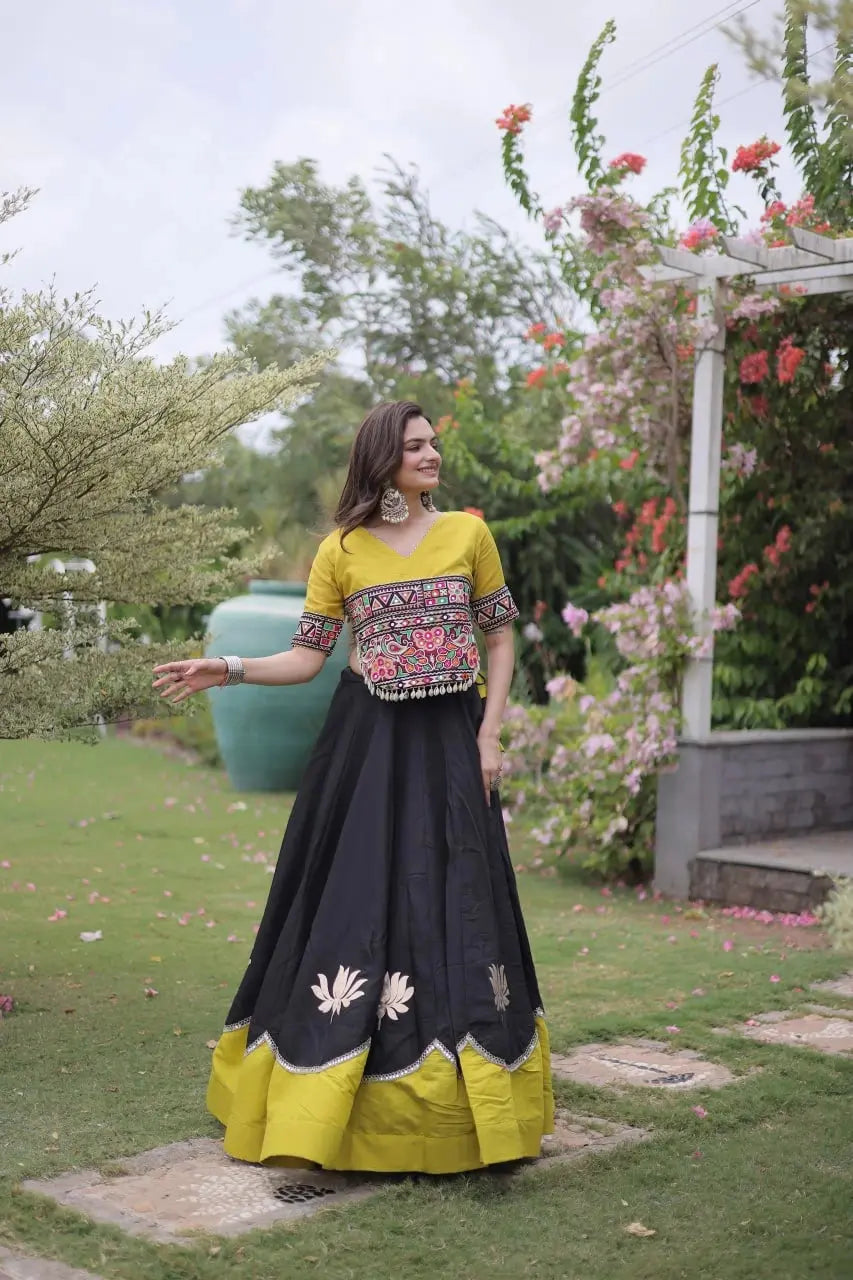 Women's Premium Black Lehenga with Tribal Inspired Embroidery, Lotus Print Border, and Wedding Ready Style
